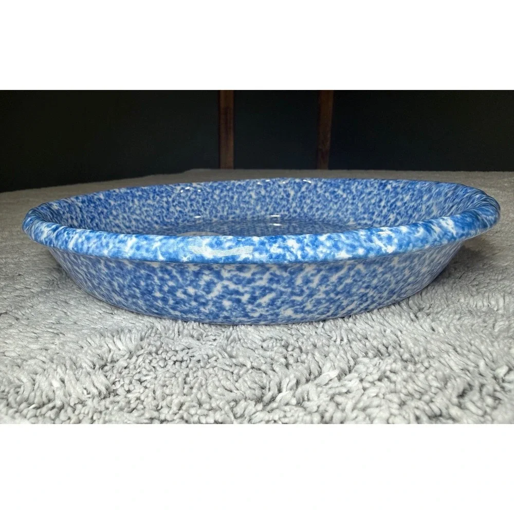 NS Gustin Co Vintage Blue Spongeware Goose Pie Dish Hand Decorated USA 10